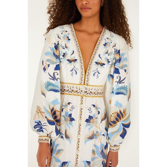 FARM Rio Women's White Blue Mystic Lotus Print Linen Blend Maxi Dress Small NWOT - Picture 7 of 16